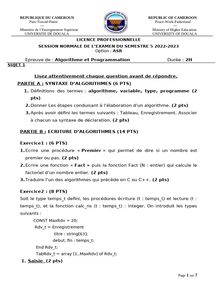 Examen Algorithme et Programmation 2023 | PDF | Programmation ...