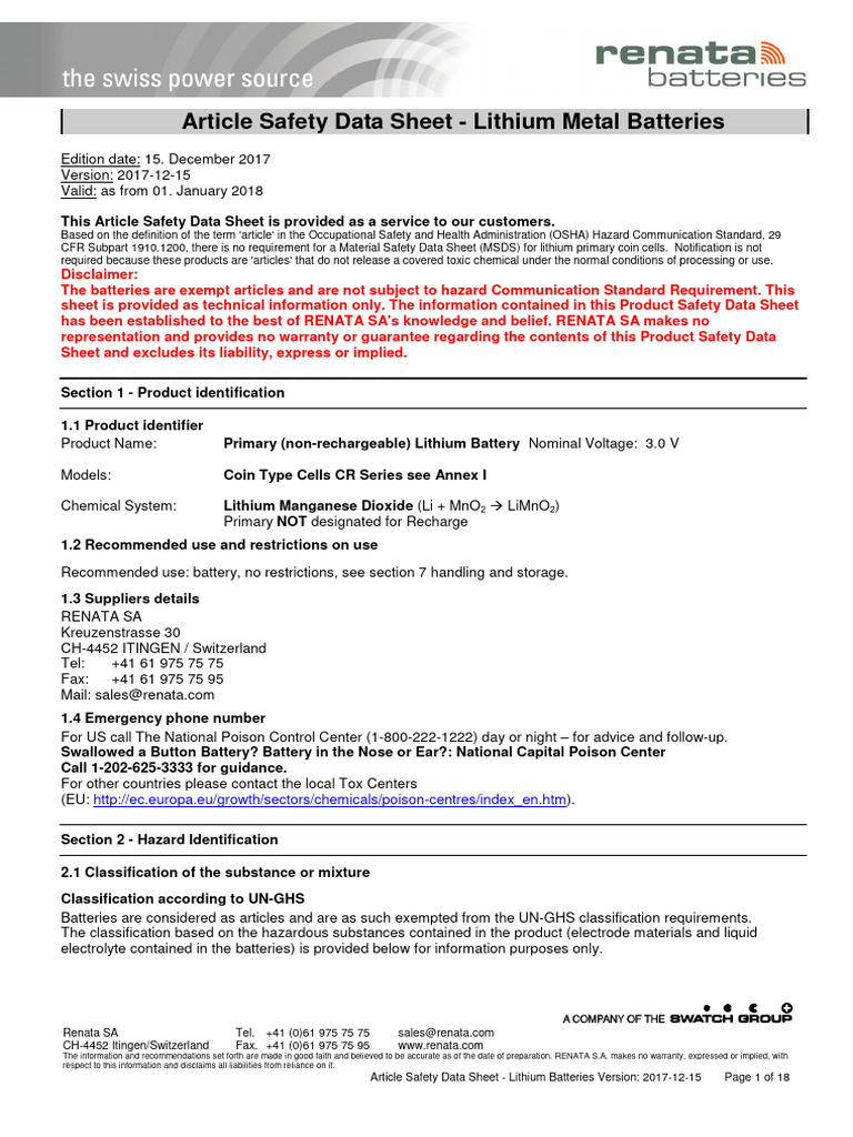 Lithium Battery Safety Data Sheet | PDF | Toxicity | Dangerous Goods
