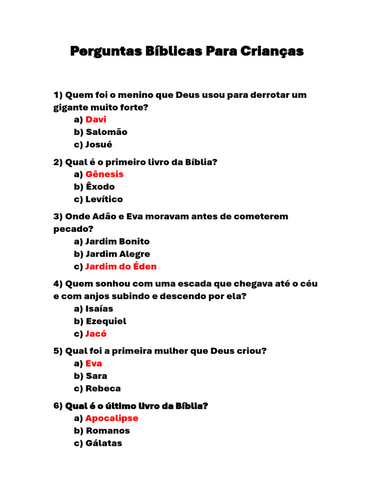 Perguntas Bíblicas para Crianças | PDF | Davi | Abraão