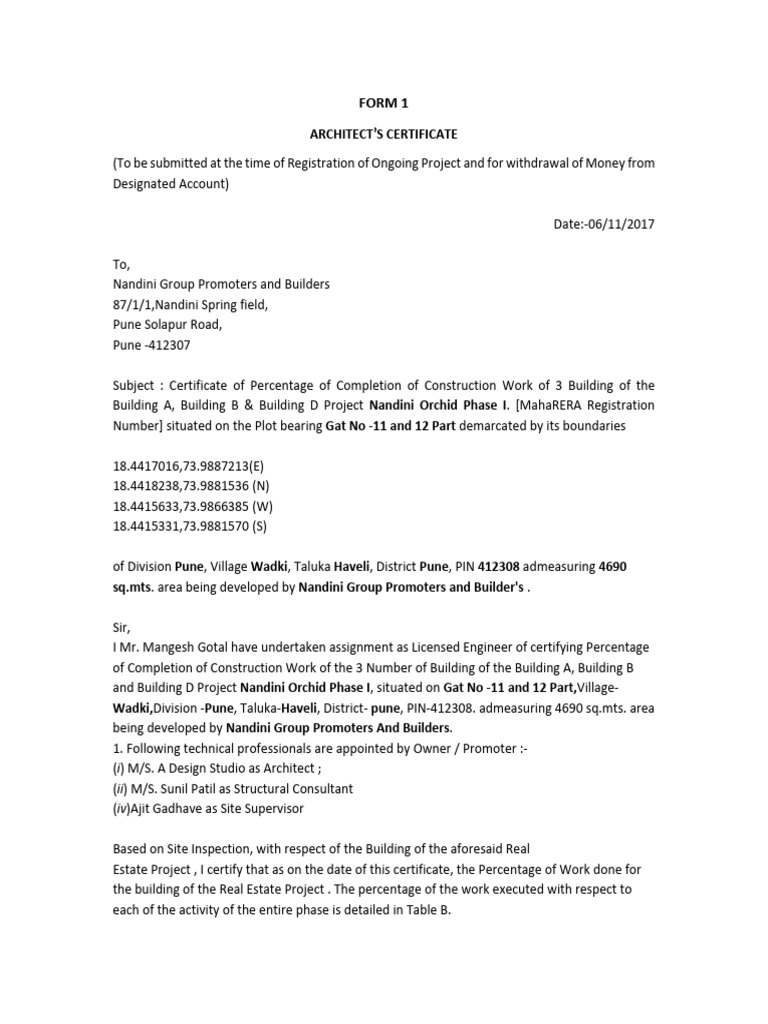 1 Certificates of Architect (Form 1) (Mandatory For Only Ongoing ...