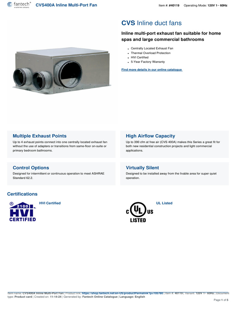 Fantech CVS400A Inline Multi-Port Fan | PDF | Duct (Flow) | Power Supply