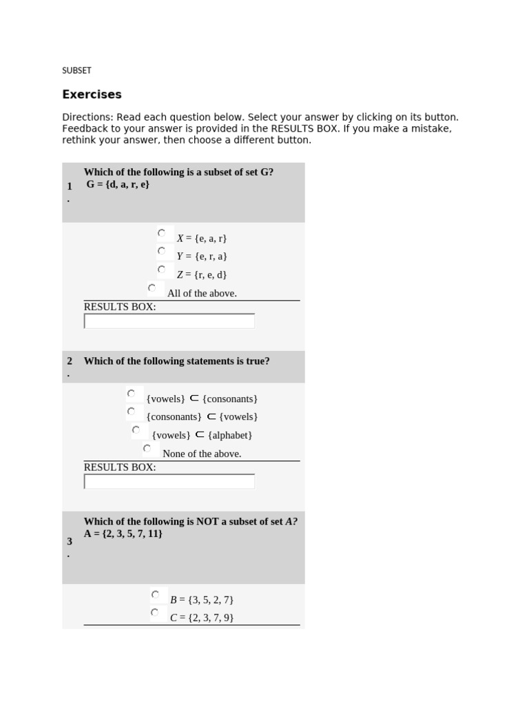 Subset Exercises and Questions | PDF