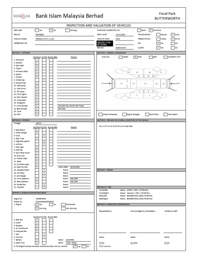 MotorcarInspectionForm - PERODUA MYVI 1.3 (A) | PDF | Rear Wheel Drive ...
