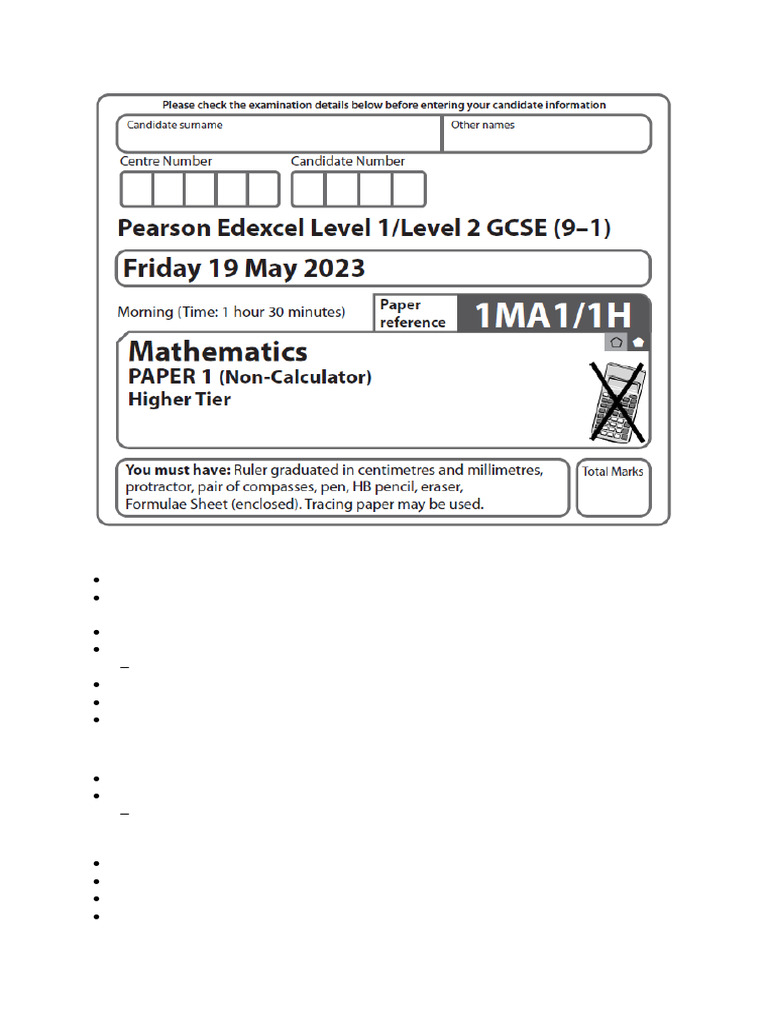Edexcel GCSE Maths Paper 1H Shadow Set 1 | PDF