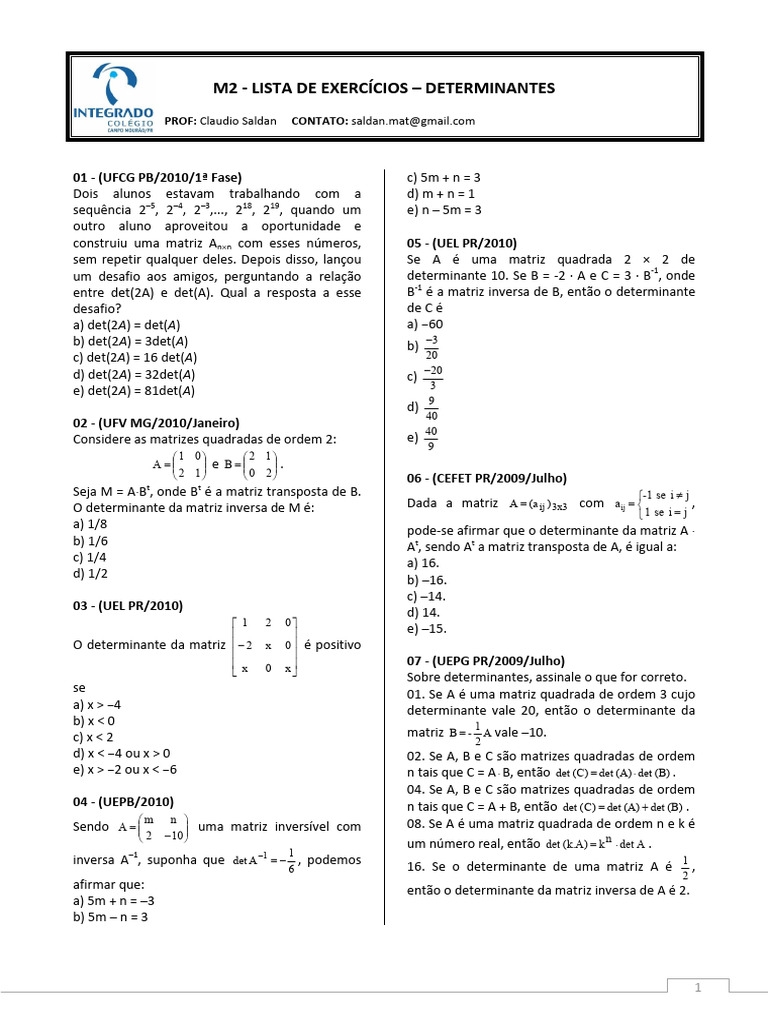 30 Exercícios Sobre Determinantes | PDF | Determinante | Matriz ...