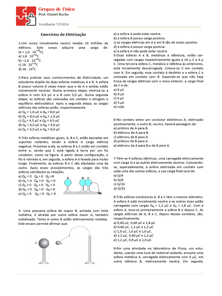 35 Exercícios de Eletrização | PDF | Carga elétrica | Condutor elétrico