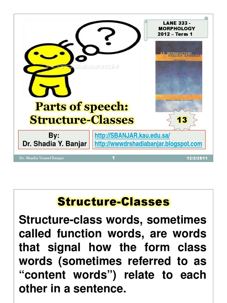 Parts of Speech Structure Classes, Dr. Shadia Yousef Banjar PDF