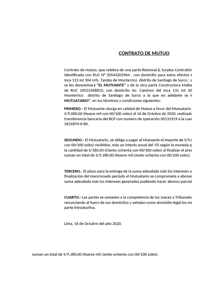 Contrato Mutuo | PDF | Crédito | Finanzas y dinero