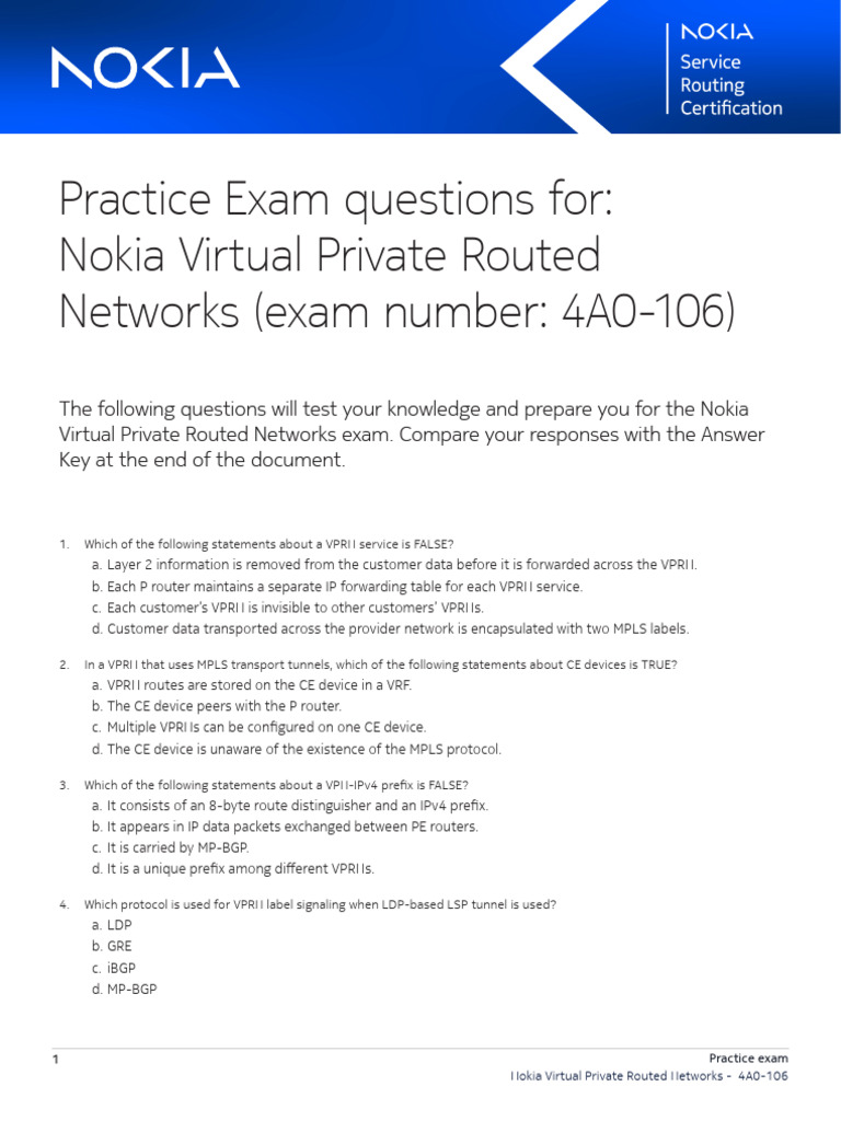 Nokia Practice Exam For Nokia Virtual Private Routed Networks (4A0 106 ...