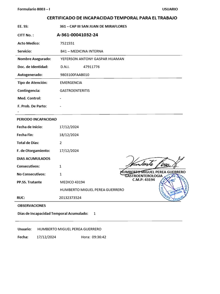 Certificado de Incapacidad Temporal 8003 | PDF