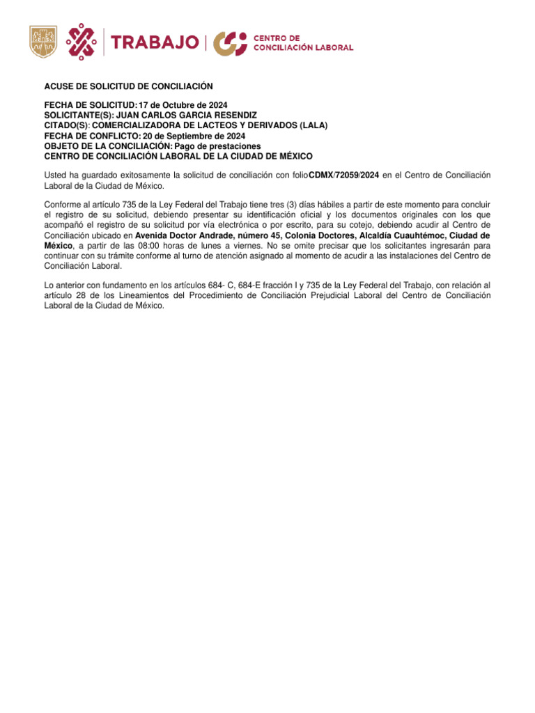 Acuse de Solicitud de Conciliación Laboral | PDF