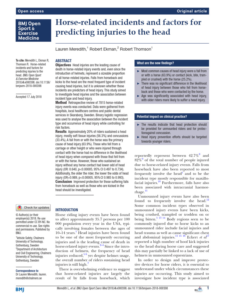 Horse-Related Incidents and Factors For | PDF | Concussion | Horses