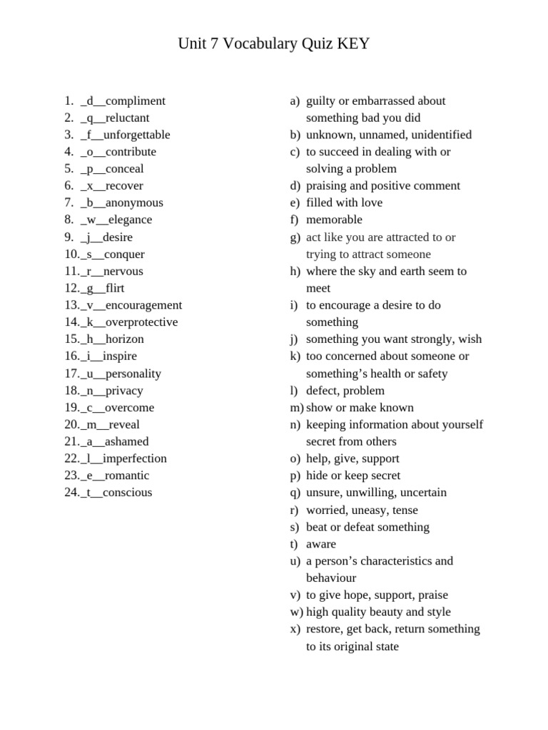 Unit 7 Vocab Quiz KEY | PDF
