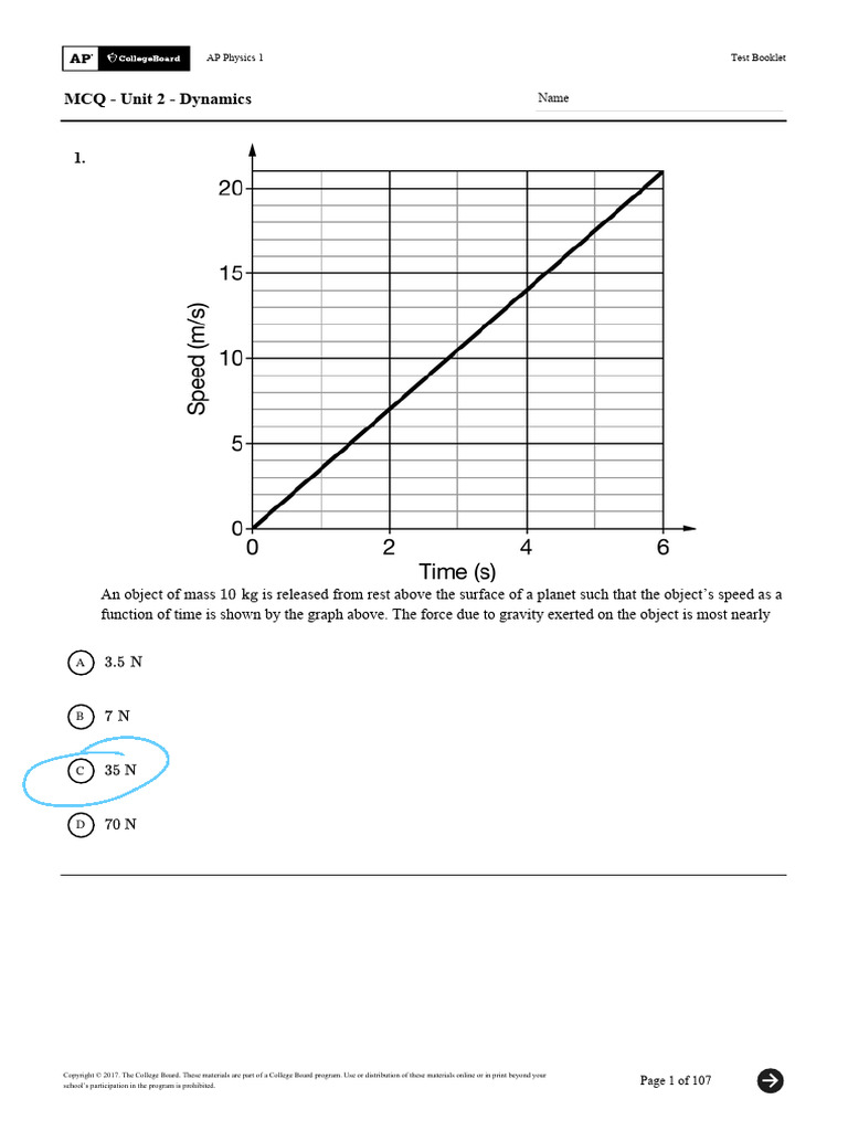 AP Physics 1 Unit 2 Dynamics MCQs | PDF | Force | Weight