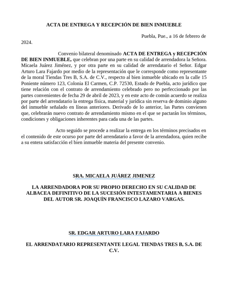 Acta de Entrega y Recepción de Bien Inmueble | PDF