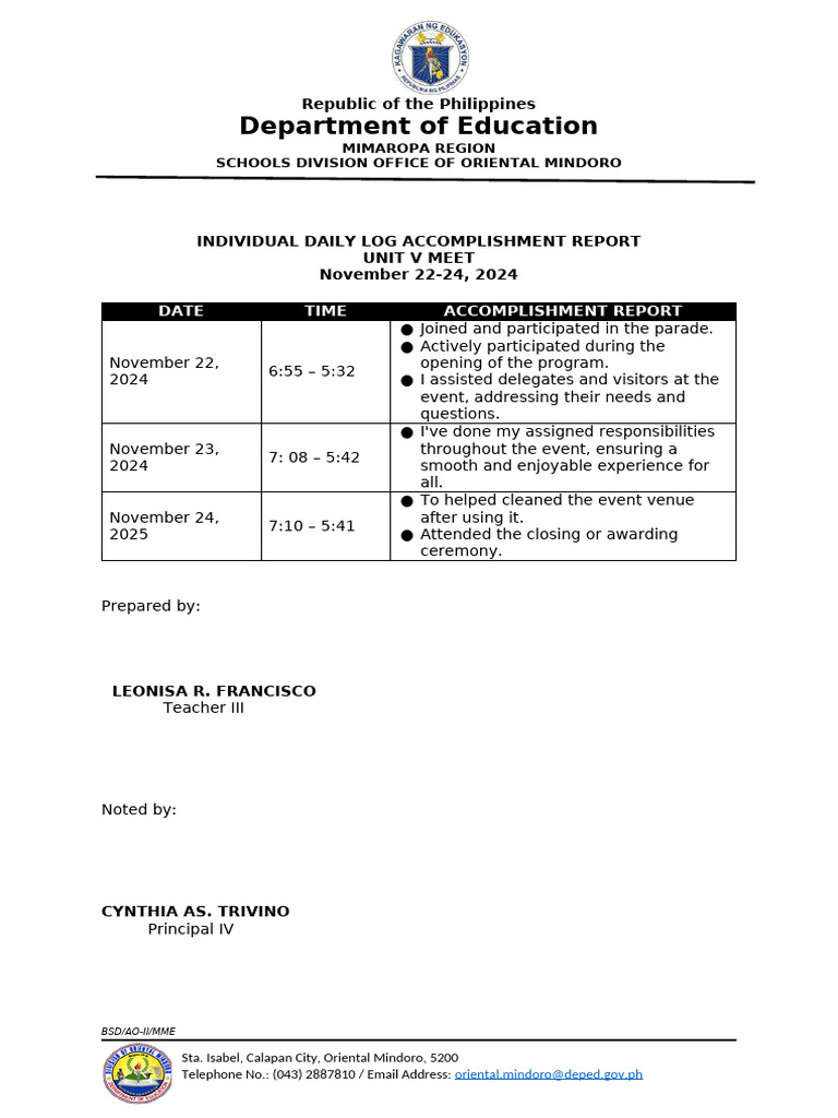 Daily Accomplishment Report: Unit V Meet | PDF | Philippines | Public ...