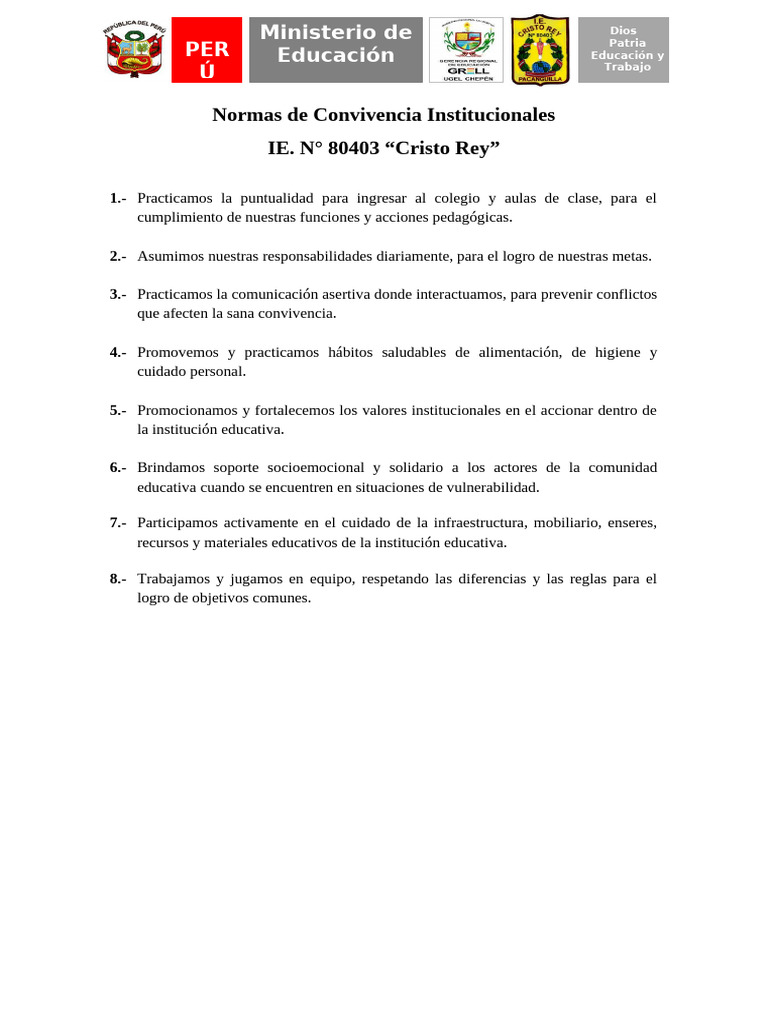 Normas de Convivencia en IE Cristo Rey | PDF