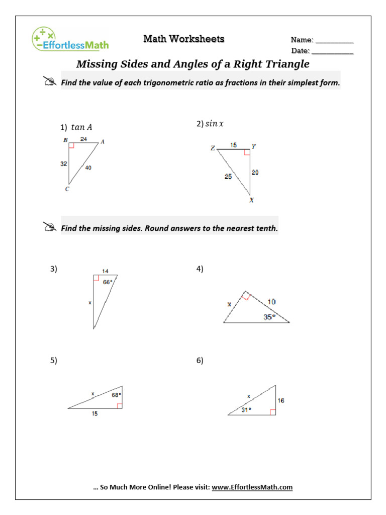 Missing Sides and Angles of A Right Triangle | PDF