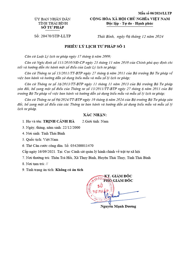 Số: 20470/STP-LLTP: Phiếu Lý Lịch Tư Pháp Số 1 | PDF