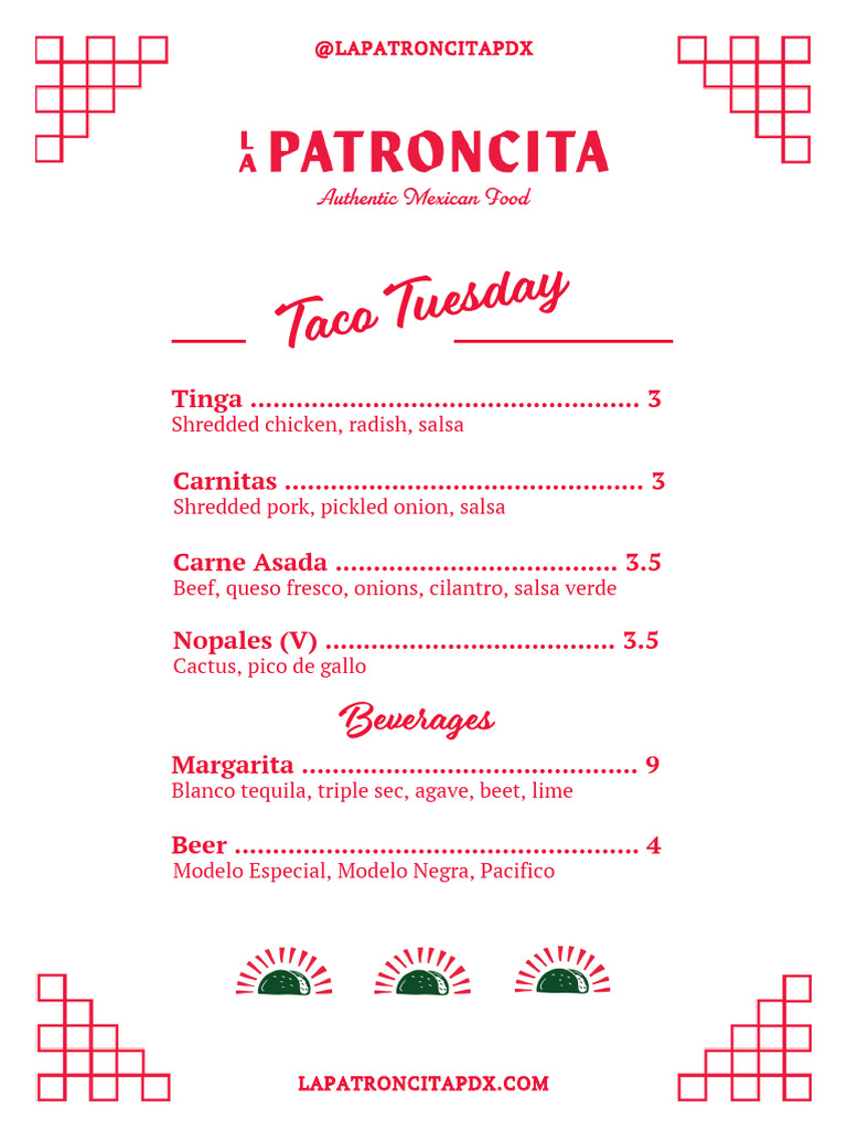 La+Patroncita+Happy+HourTaco+Tuesday+Menu+(4) | PDF