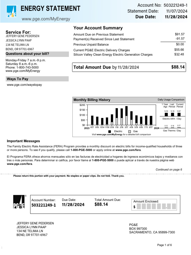 PG&E Utility Bill Summary and Payment Options | PDF | Pacific Gas And ...