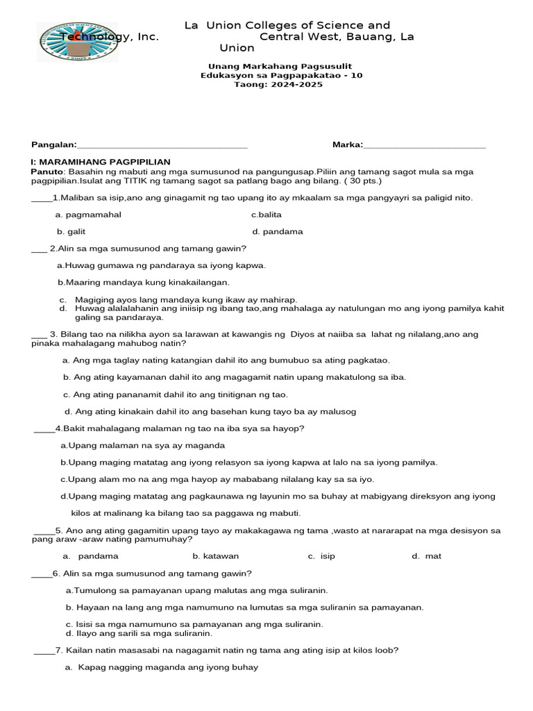 ESP 1st Quarter Exam | PDF