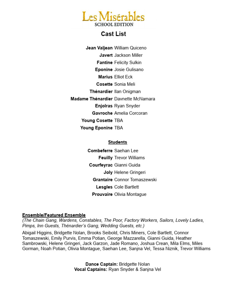 Les Misérables 2025 Cast List PDF