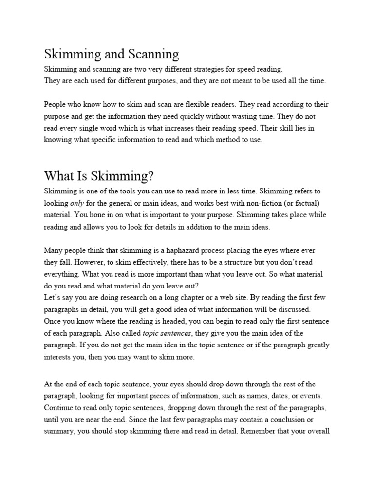 Skimming vs. Scanning Techniques | PDF | Speed Reading | Learning