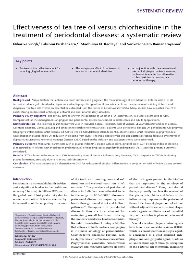 Effectiveness of Tea Tree Oil Versus Chlorhexidine in The Treatment of ...