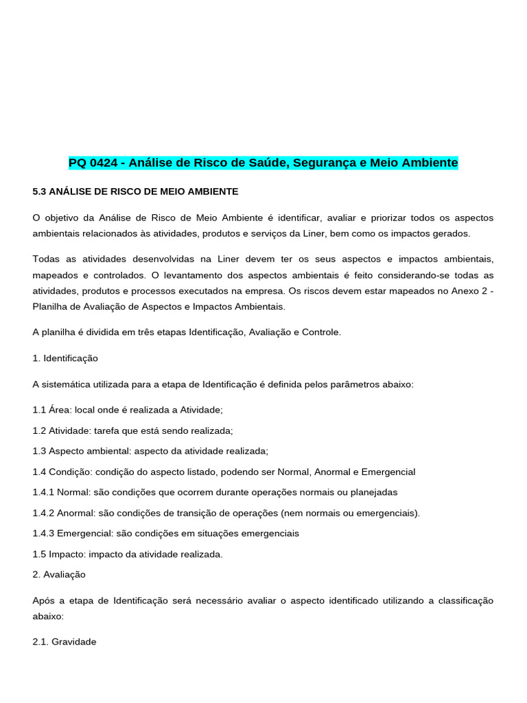 Análise de Risco Ambiental na Liner | PDF | Desperdício | Gestão de ...