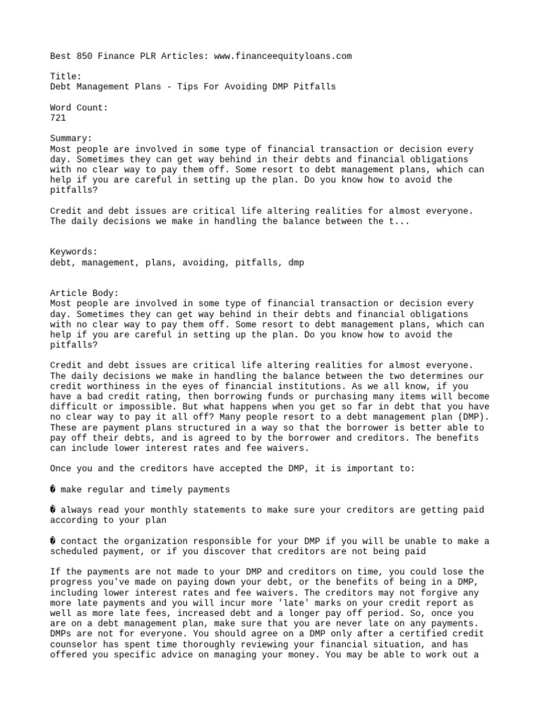 Debt Management Plans - Tips For Avoiding DMP Pitfalls | PDF | Debt ...