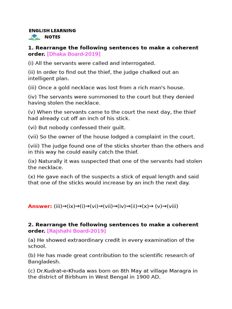 HSC Sentence Rearrangement Guide | PDF