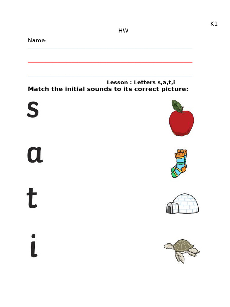 K1 Homework: Letters S, A, T, I Activities | PDF