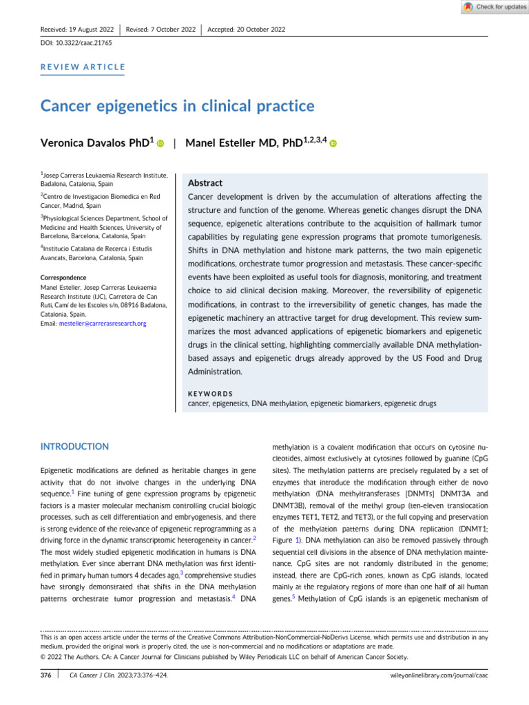 CA A Cancer J Clinicians - 2022 - Davalos - Cancer epigenetics in ...