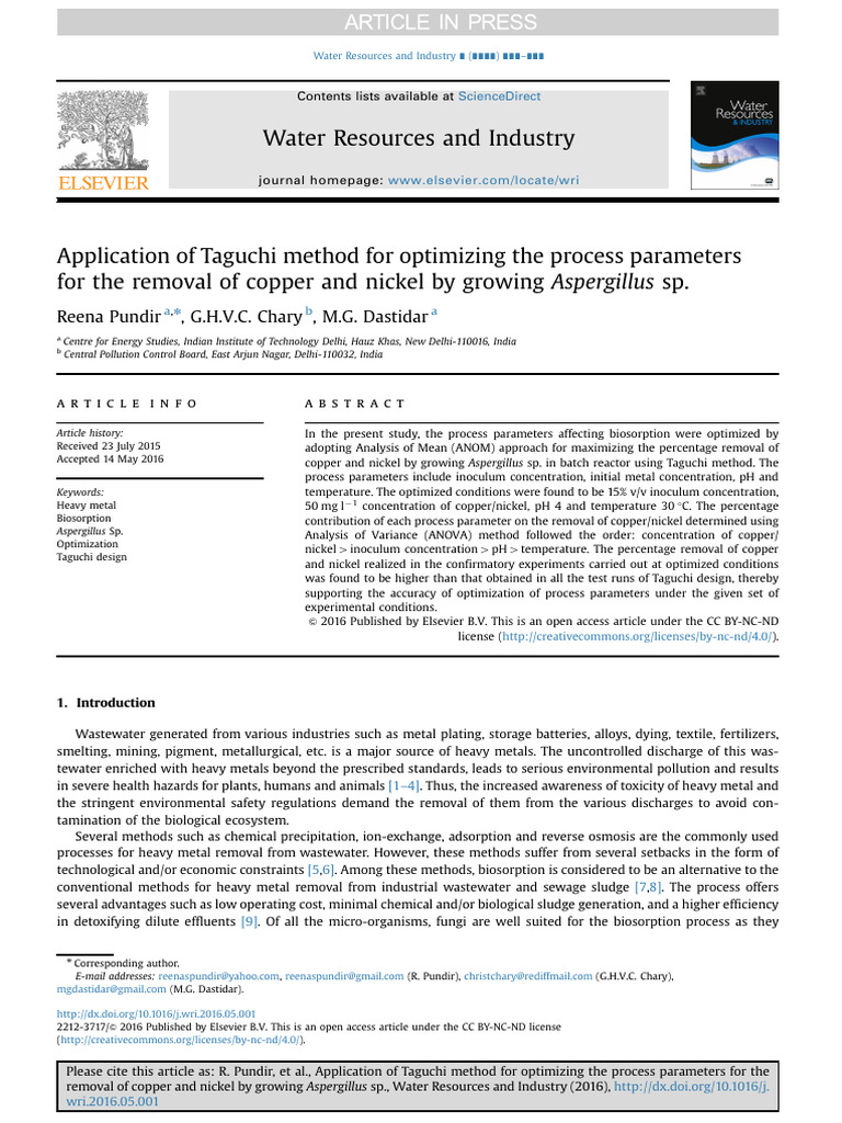 Optimizing Heavy Metal Removal Using Taguchi | PDF | Copper | Nickel