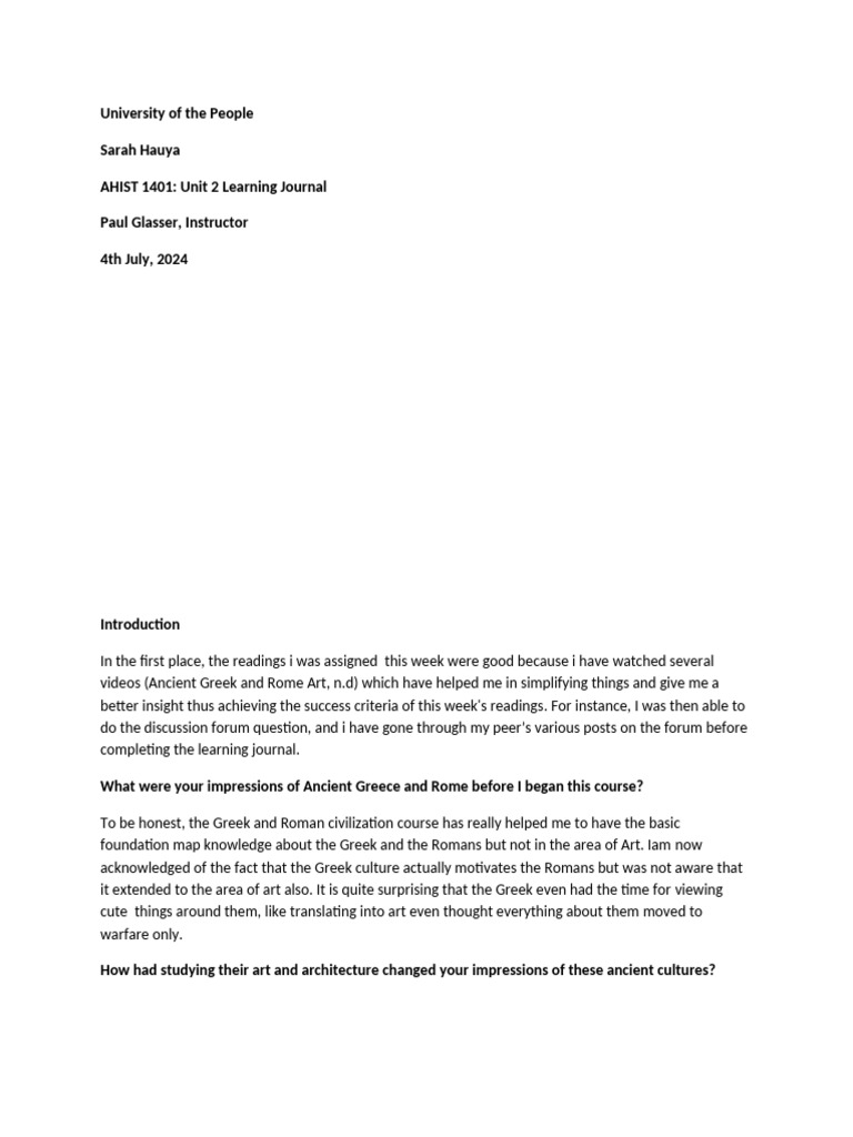 AHIST 1401 Unit 2 Learning Journal | PDF | Ancient Greece | Sculpture