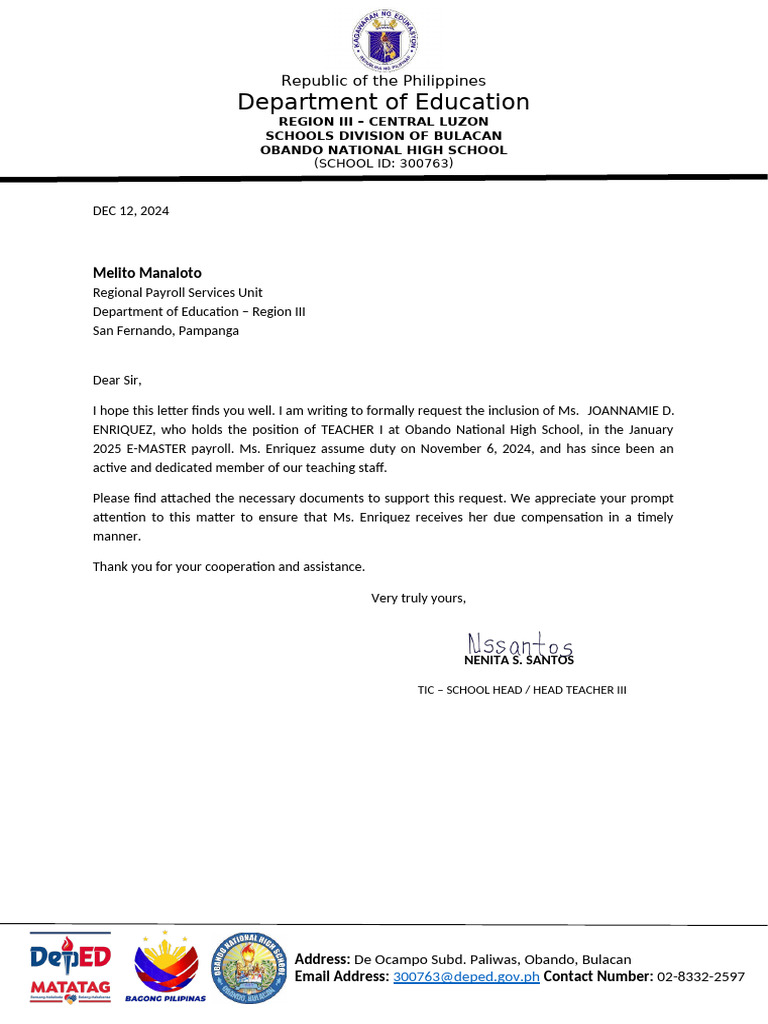 Inclusion Request for Teacher Payroll | PDF
