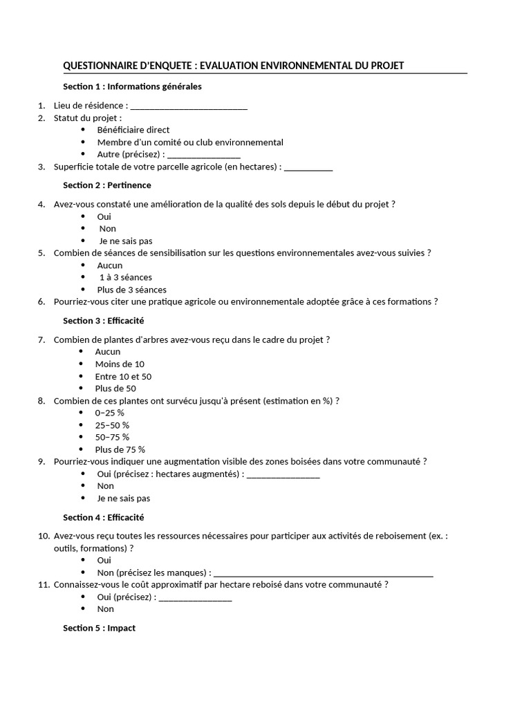 Questionnaire d'évaluation environnementale | PDF | Environnement naturel