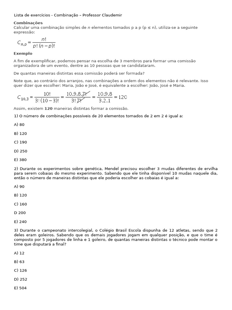 Exercícios de Combinação Simples | PDF