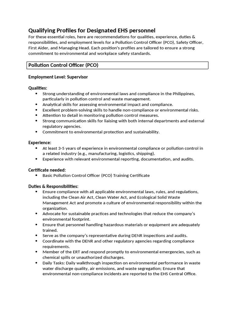 EHS Personnel Qualification Profiles | PDF | Occupational Safety And ...