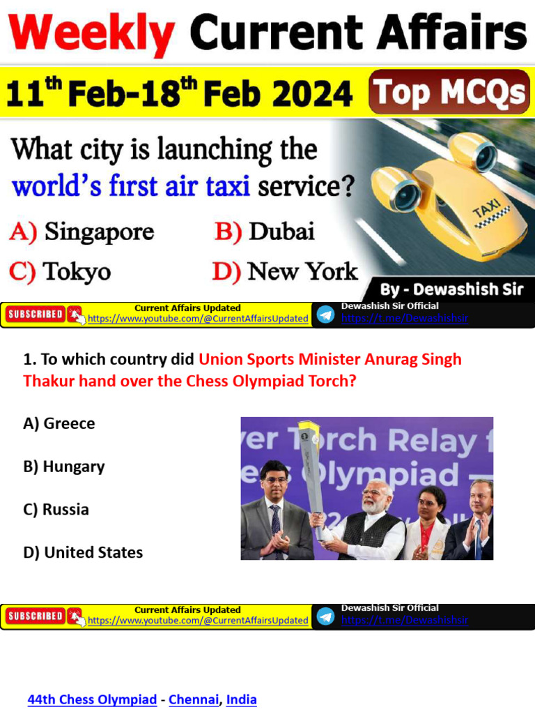 February 2024 Weekly MCQs Current Affairs 11th Feb To 18th Feb 2024 | PDF