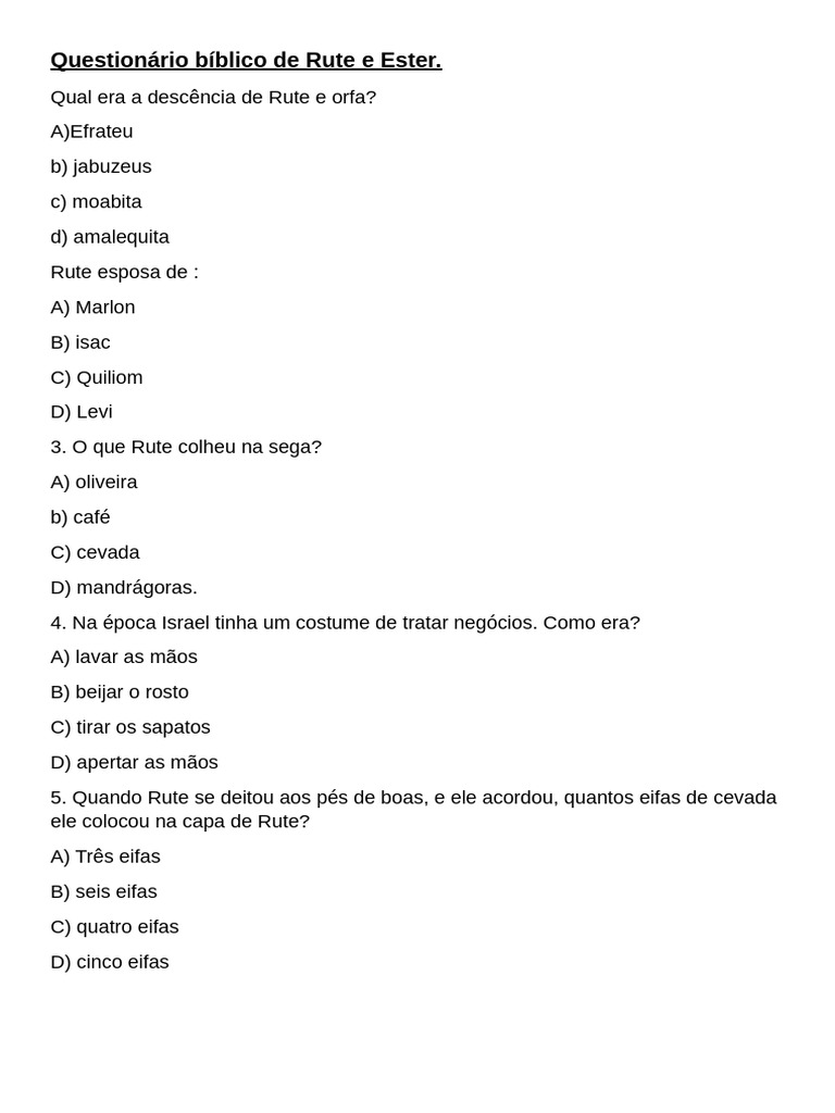 Questionário Bíblico: Rute e Ester | PDF