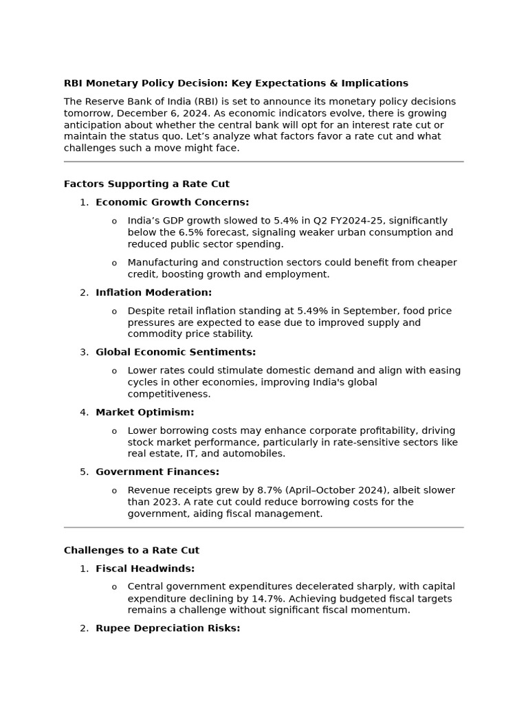 RBI Monetary Policy Decision | PDF | Fiscal Policy | Inflation