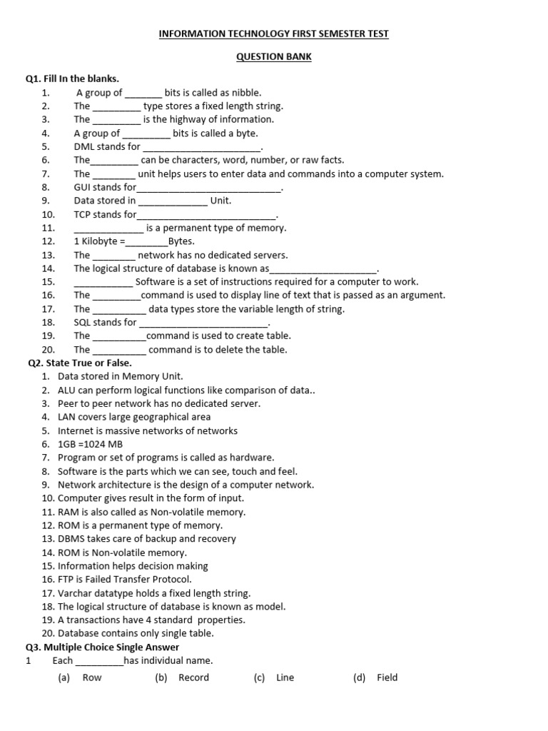 IT First Semester Test Question Bank | PDF
