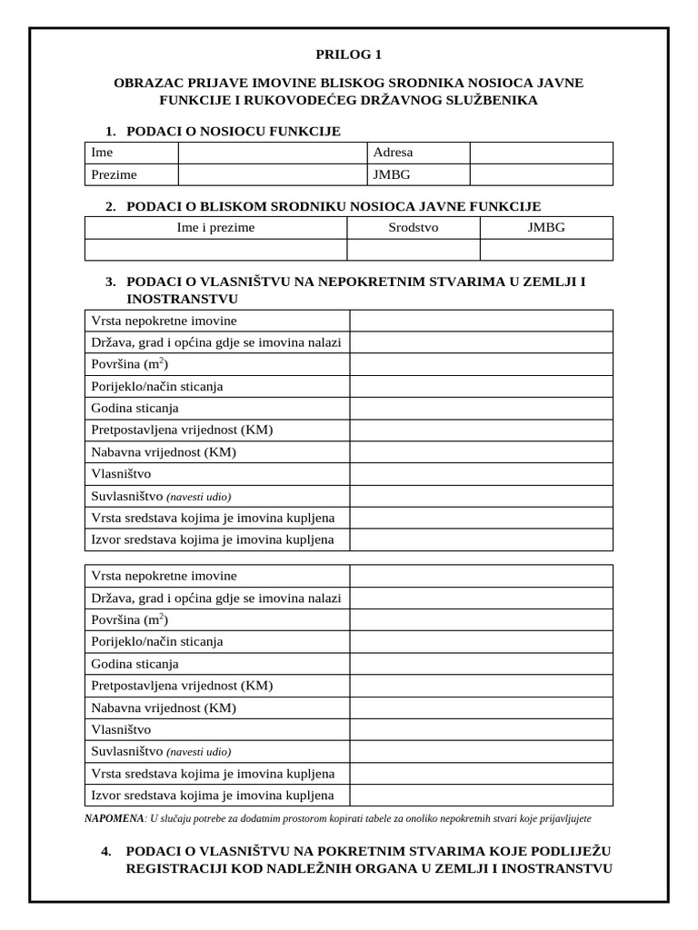 Prilog 1. Obrazac Prijave Imovine Bliskog Srodnika | PDF