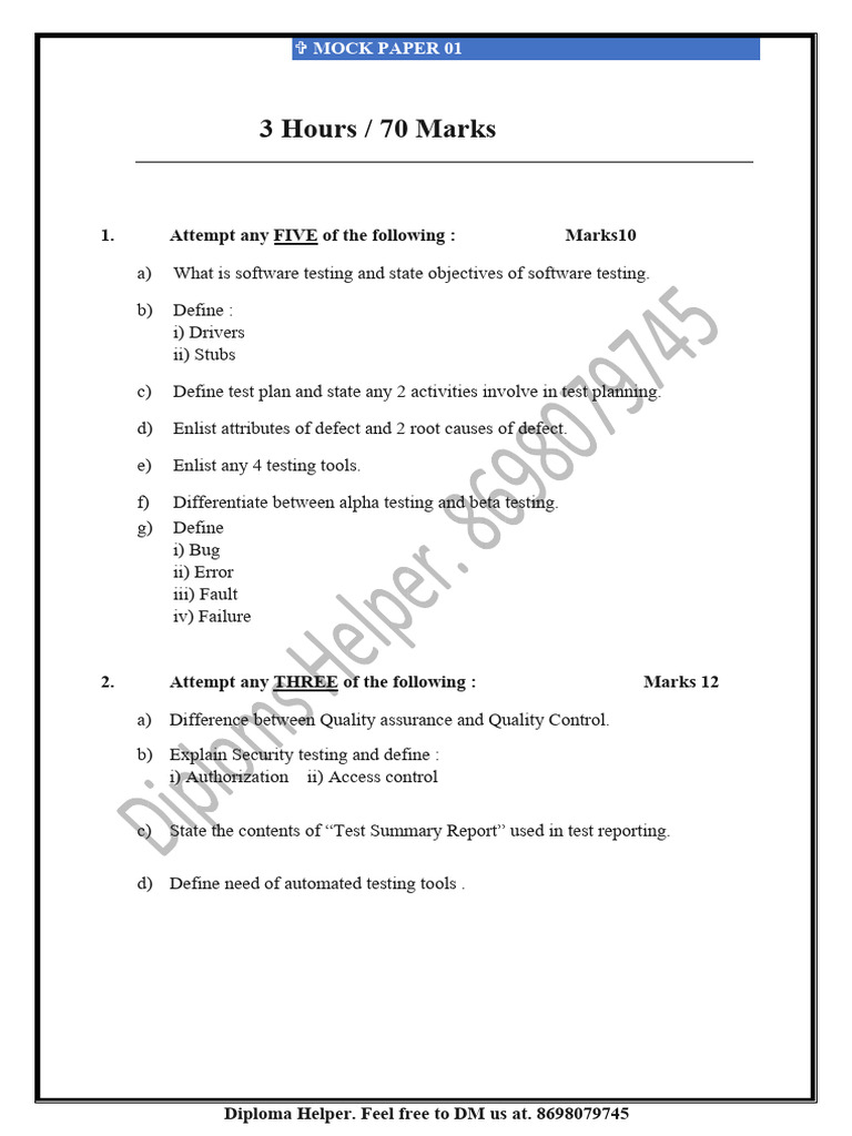 Mock Paper by Diploma Helper STE | PDF | Software Testing | Software ...