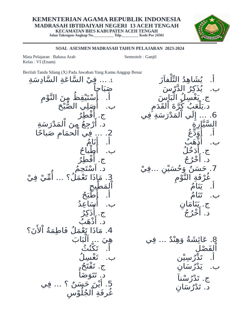 Soal Bahasa Arab Vi Sem 1 | PDF