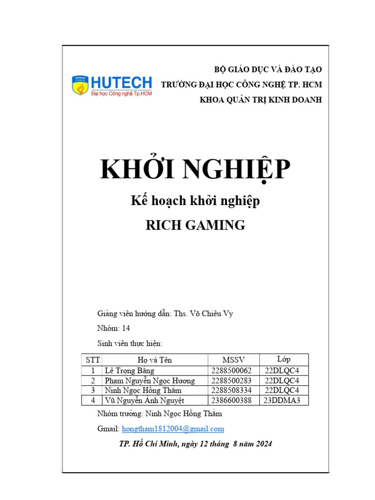 Nhóm 14 - Kế Hoach Khởi Nghiệp Rich Gaming | PDF