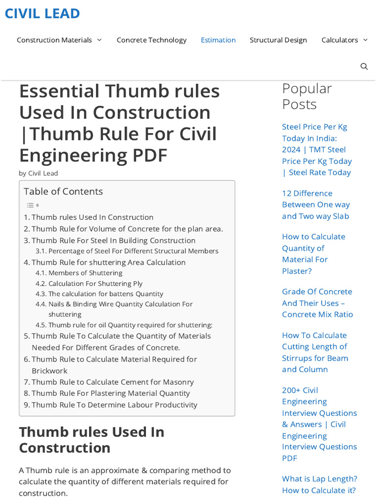 Essential Thumb Rules Used in Construction - Thumb Rule For Civil ...