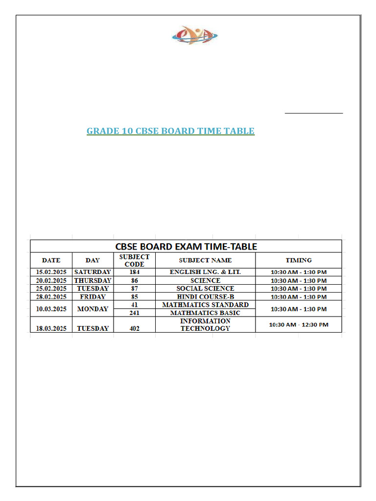 137 Eva Lakeshore CBSE BOARD EXAM Time Table | PDF